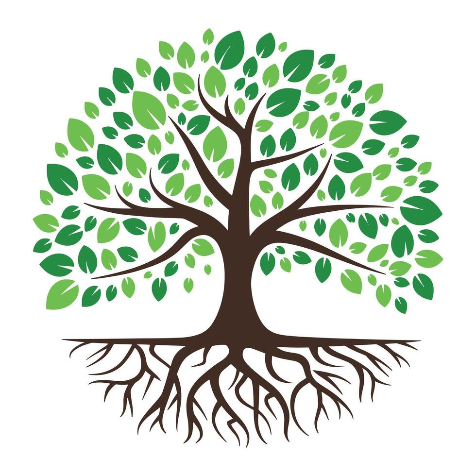 Green tree illustration featuring lush leaves and visible roots. Perfect for nature, ecology, and environmental vector