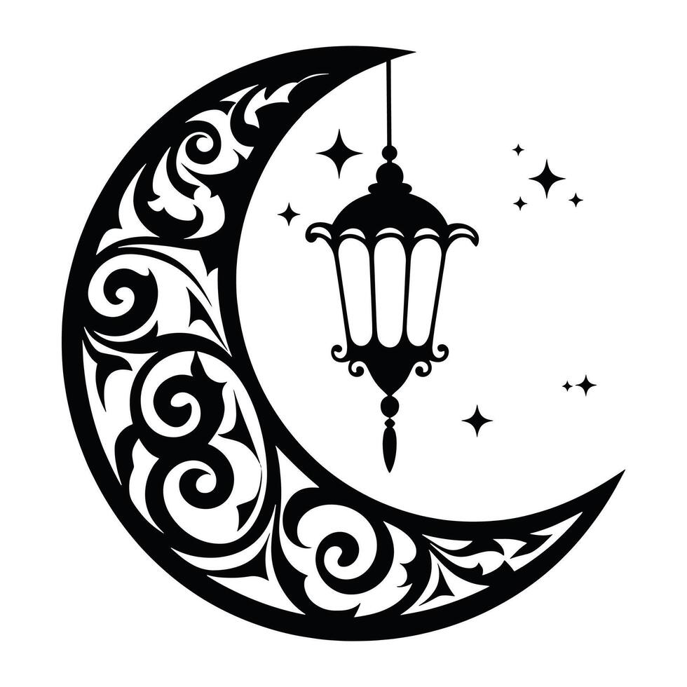 Ramadan Kareem design with a crescent moon and hanging lanterns. Elegant Islamic decoration for festive greetings. Flat illustration isolated vector