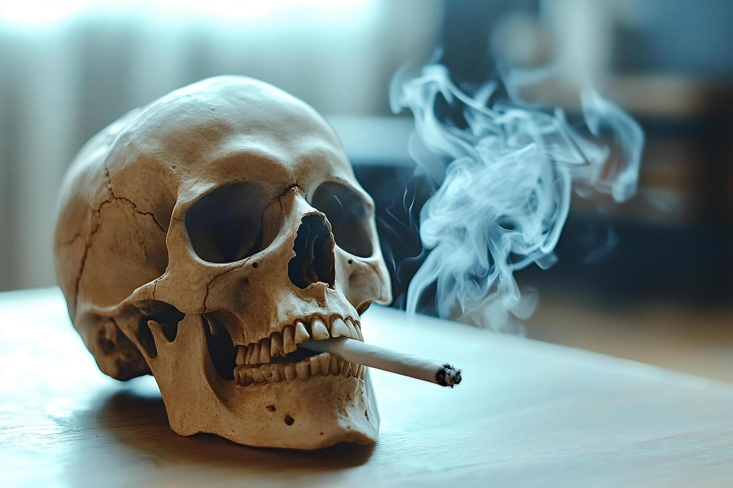 Skull smoking a cigarette symbol of mortality and addiction photo
