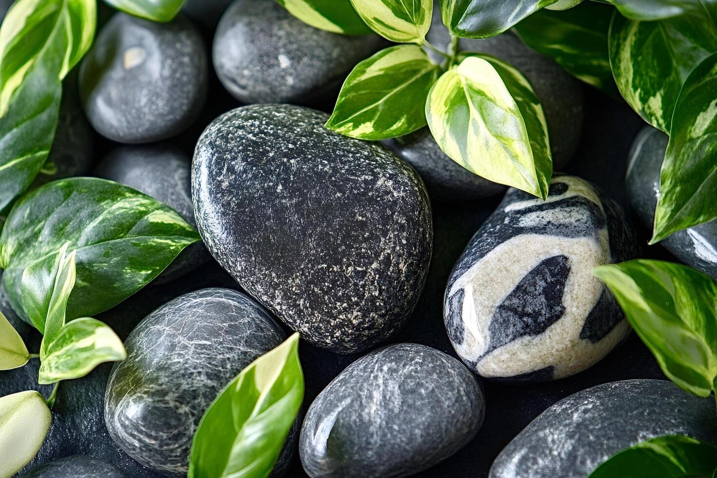 Green leaves growing among smooth grey and black spa stones photo