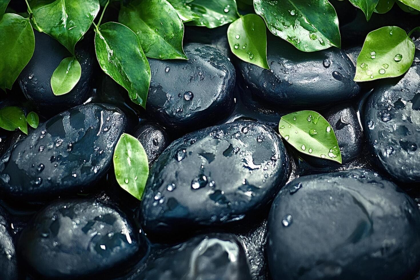 Wet pebbles and green leaves creating a relaxing zen atmosphere photo