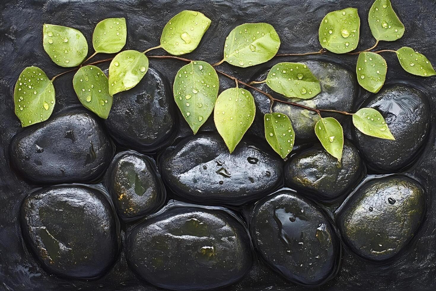 Green leaves with water drops lying on wet black stones photo