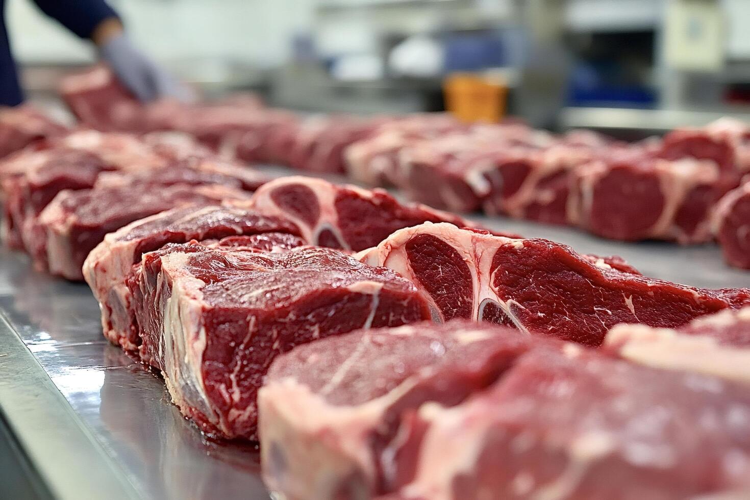 Butcher preparing fresh red meat cuts on metal table photo