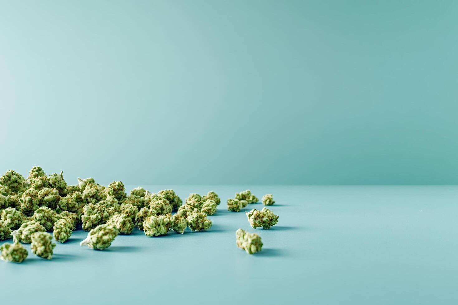 Cannabis buds scattered on a light blue surface with copy space photo