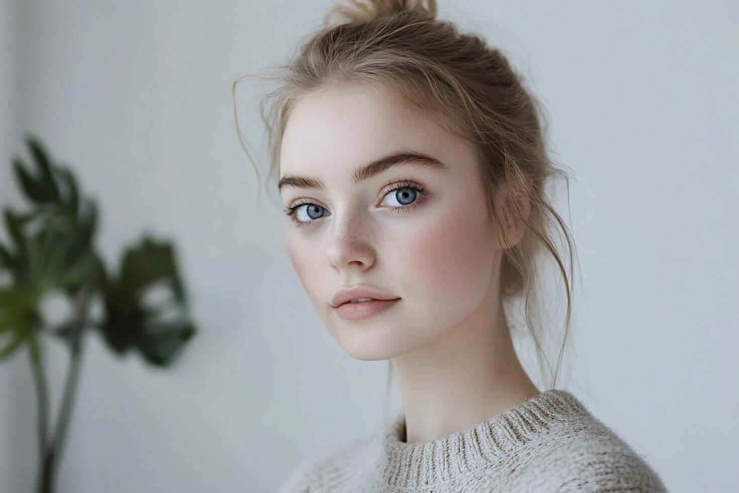 Portrait of young blond woman with freckles wearing sweater photo