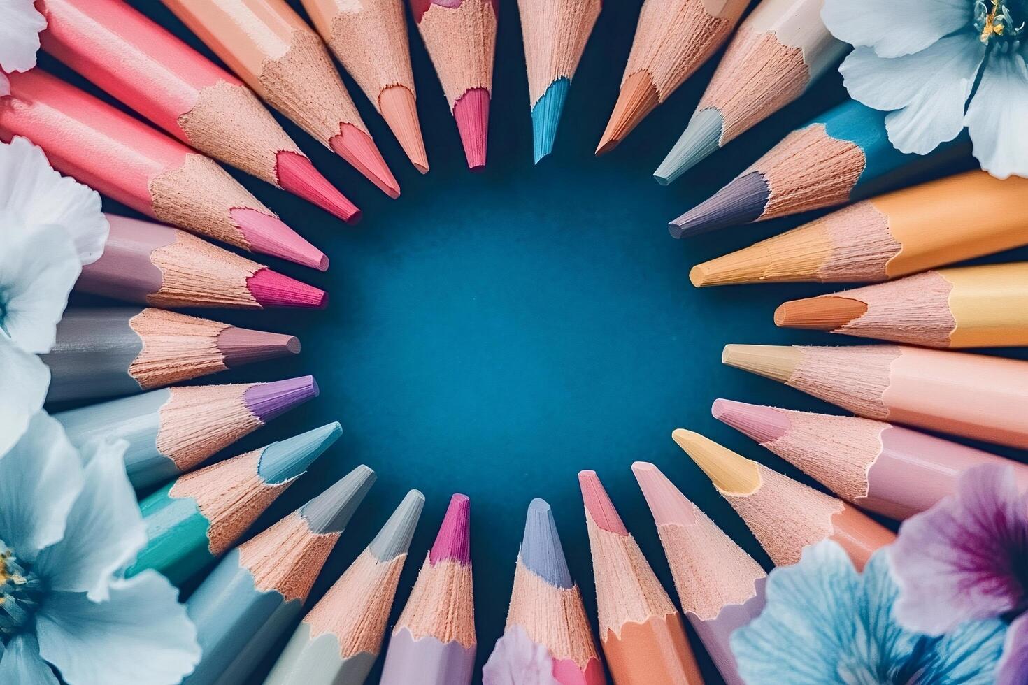 Colored pencils forming a circle on blue background with flowers photo