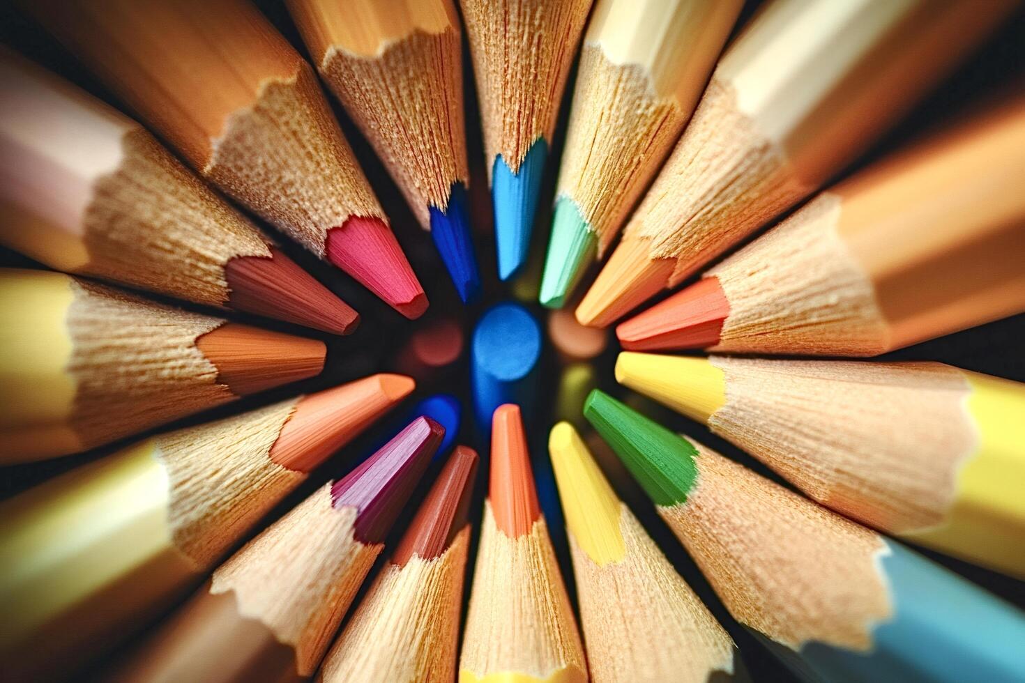 Colored pencils forming a circle showing their colorful tips photo