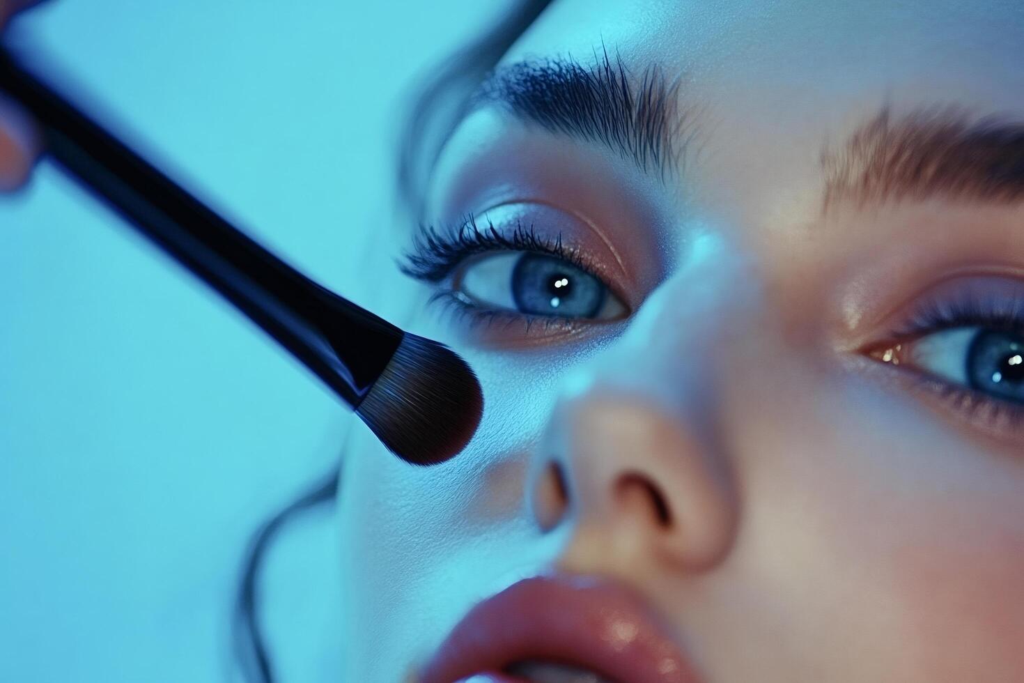 Makeup artist applying foundation on model's face with brush in blue light photo