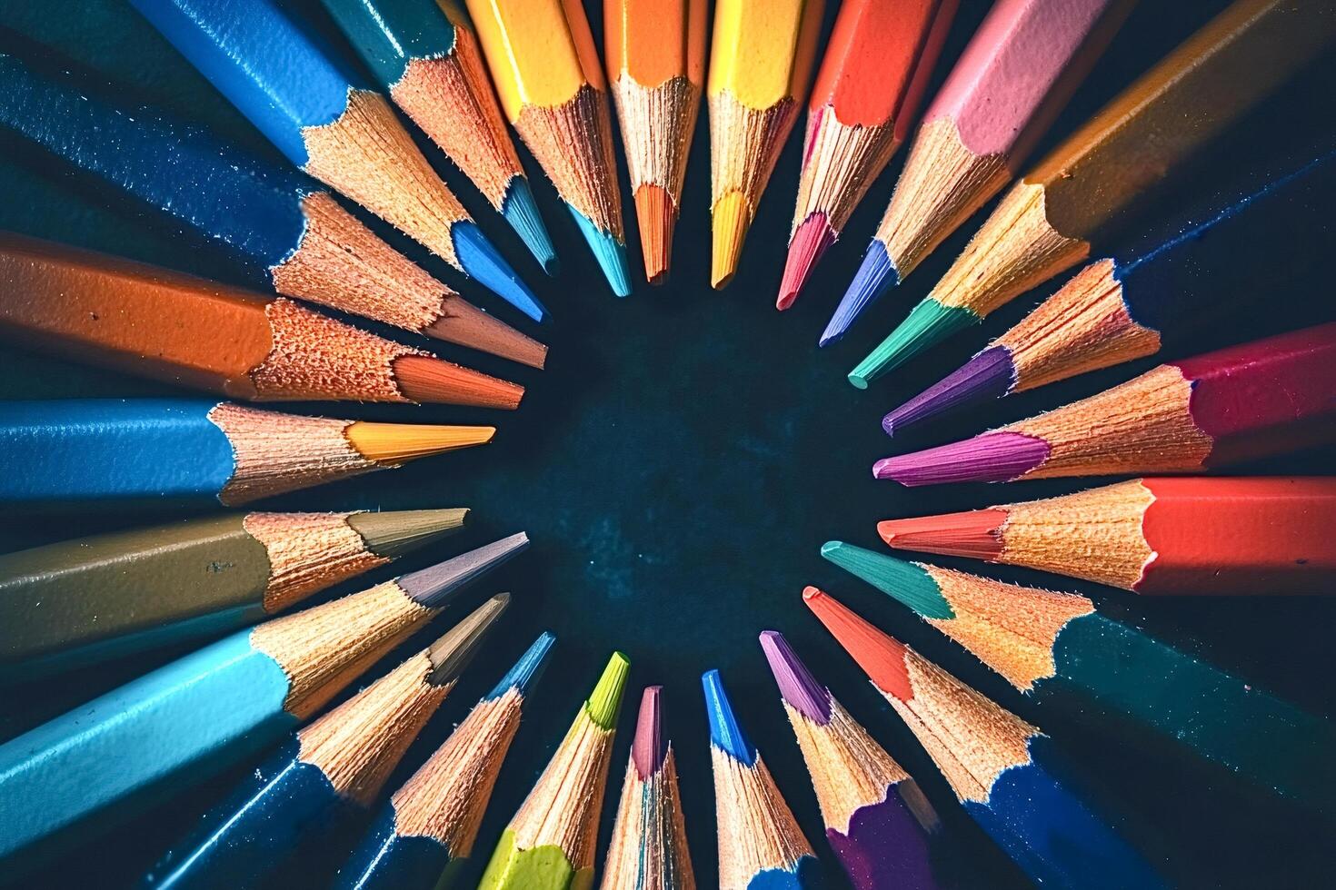 Colored pencils forming a circle on dark background photo