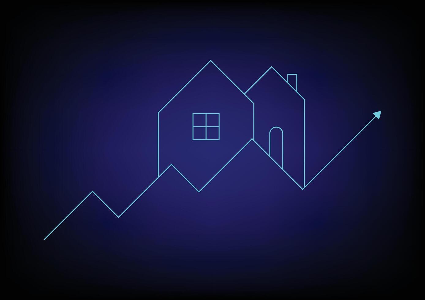 The glowing and neon light of the home with an upper arrow graph on a dark blue background. Property growth and profit for the future. vector