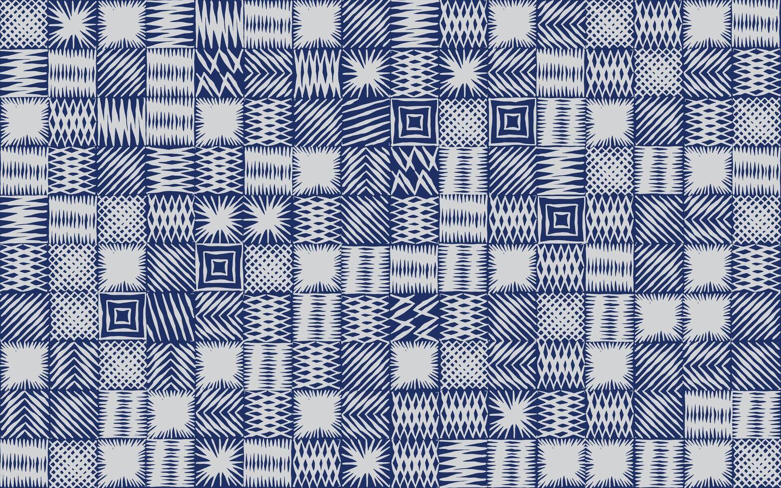 Cute seamless hand drawn checker with abstract motifs pattern in indigo blue, Japanese and ethnic folk wood carving, engraving, weaving, basketry texture surface background graphic for textile, vector