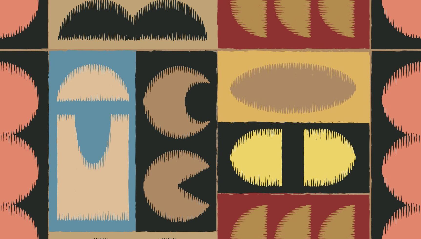 Seamless geometric hand drawn, tribal, brutalism wood carving abstract pattern, Japanese and ethnic folk engraving, block print, brush line, weaving textured surface background, retro color graphic vector
