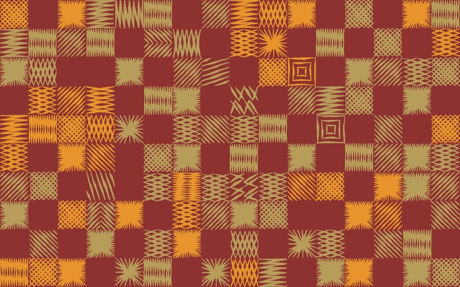 Cute seamless hand drawn checker with abstract motifs pattern, Japanese and ethnic folk wood carving, engraving, weaving, basketry texture surface background, simple graphic for textile, gift wrap, vector