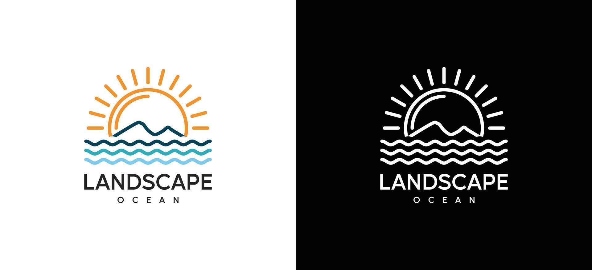 Thick line illustration of ocean and sun nature, ocean wave logo symbol vector