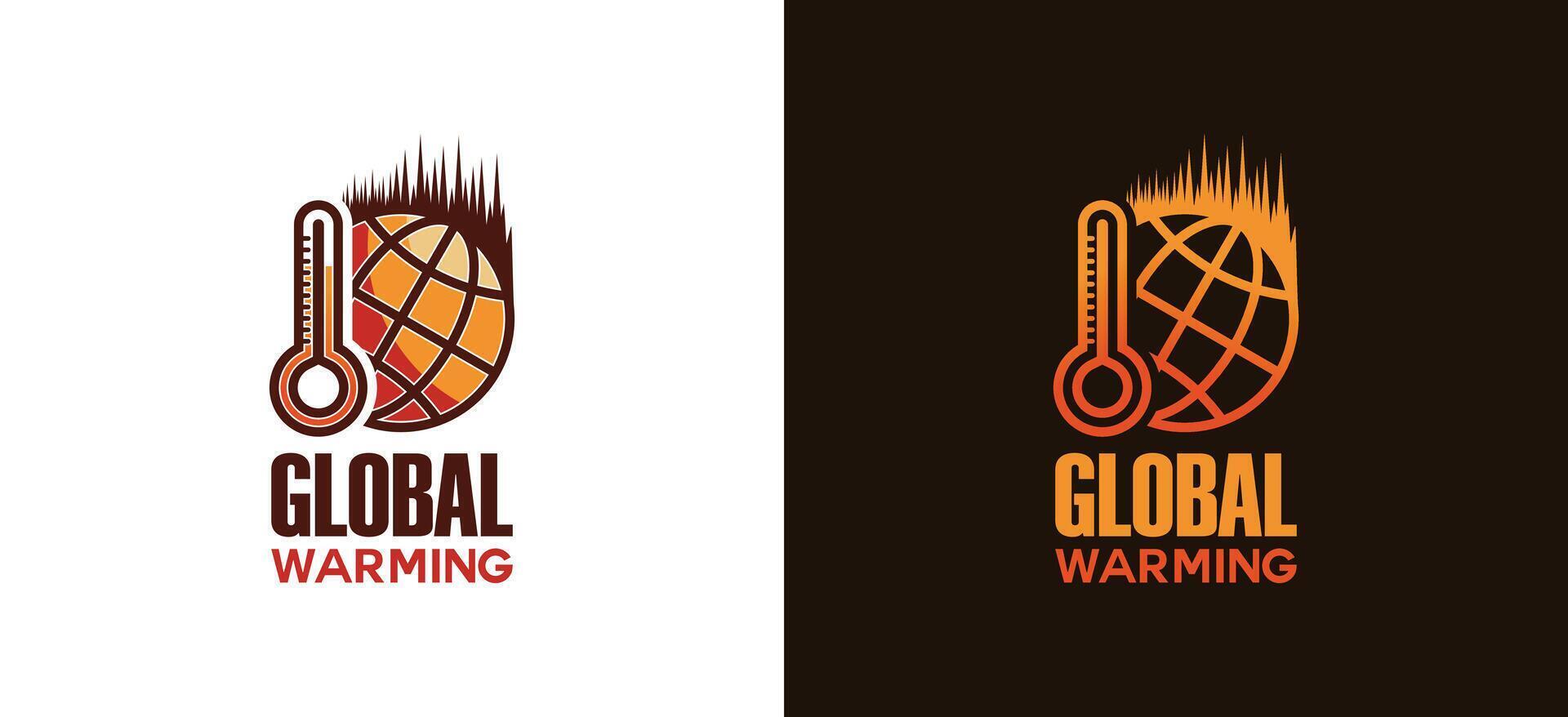Global warming logo design illustration, hot earth symbol with globe and thermometer icon vector