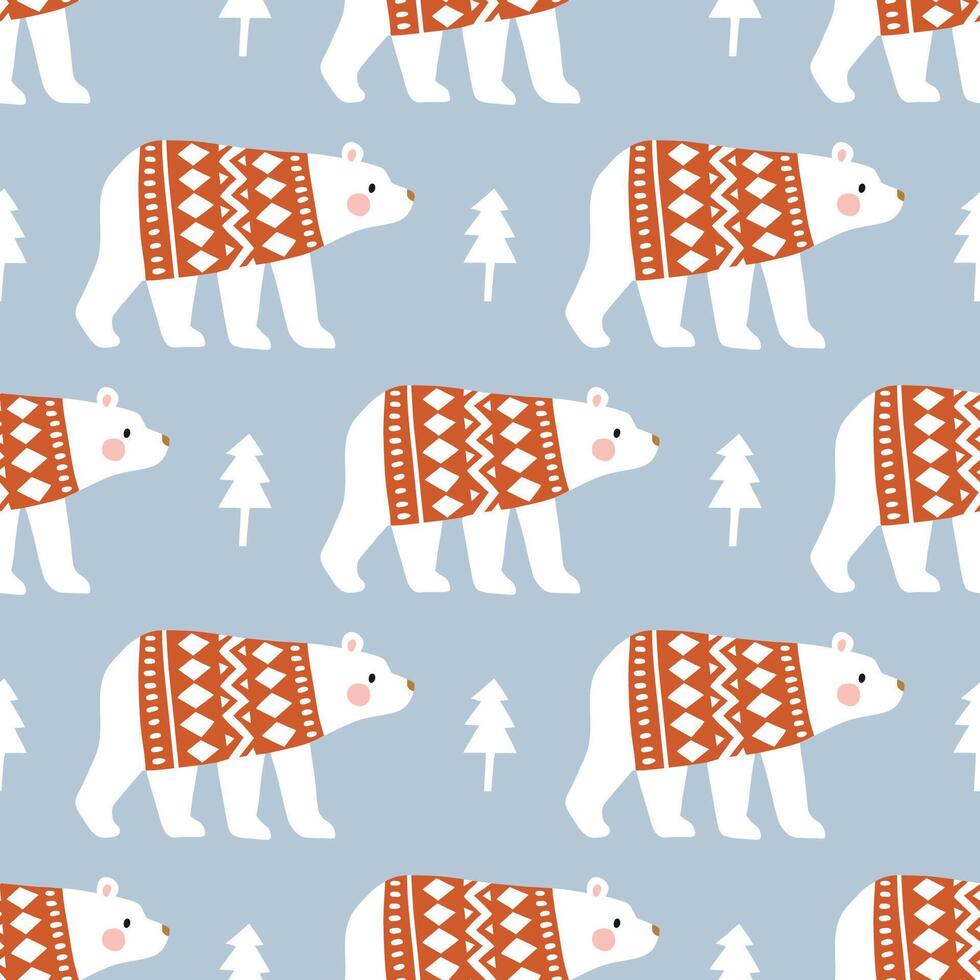 Cute polar bear in winter clothes. Hand drawn seamless pattern. Perfect for textile, wallpaper or nursery print design. vector
