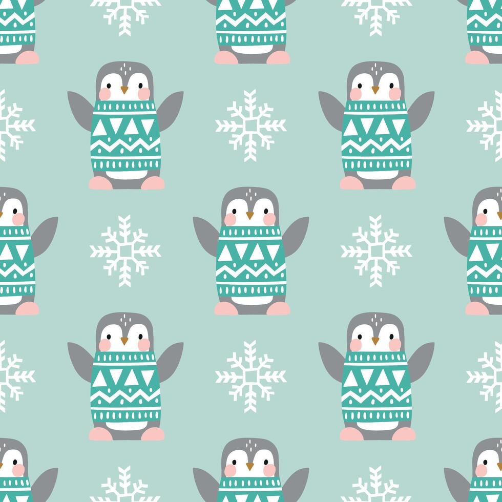 Seamless pattern with cute penguin in winter clothes on light blue background. Hand drawn Nordic illustration. Perfect for textile, wallpaper or nursery print design. vector