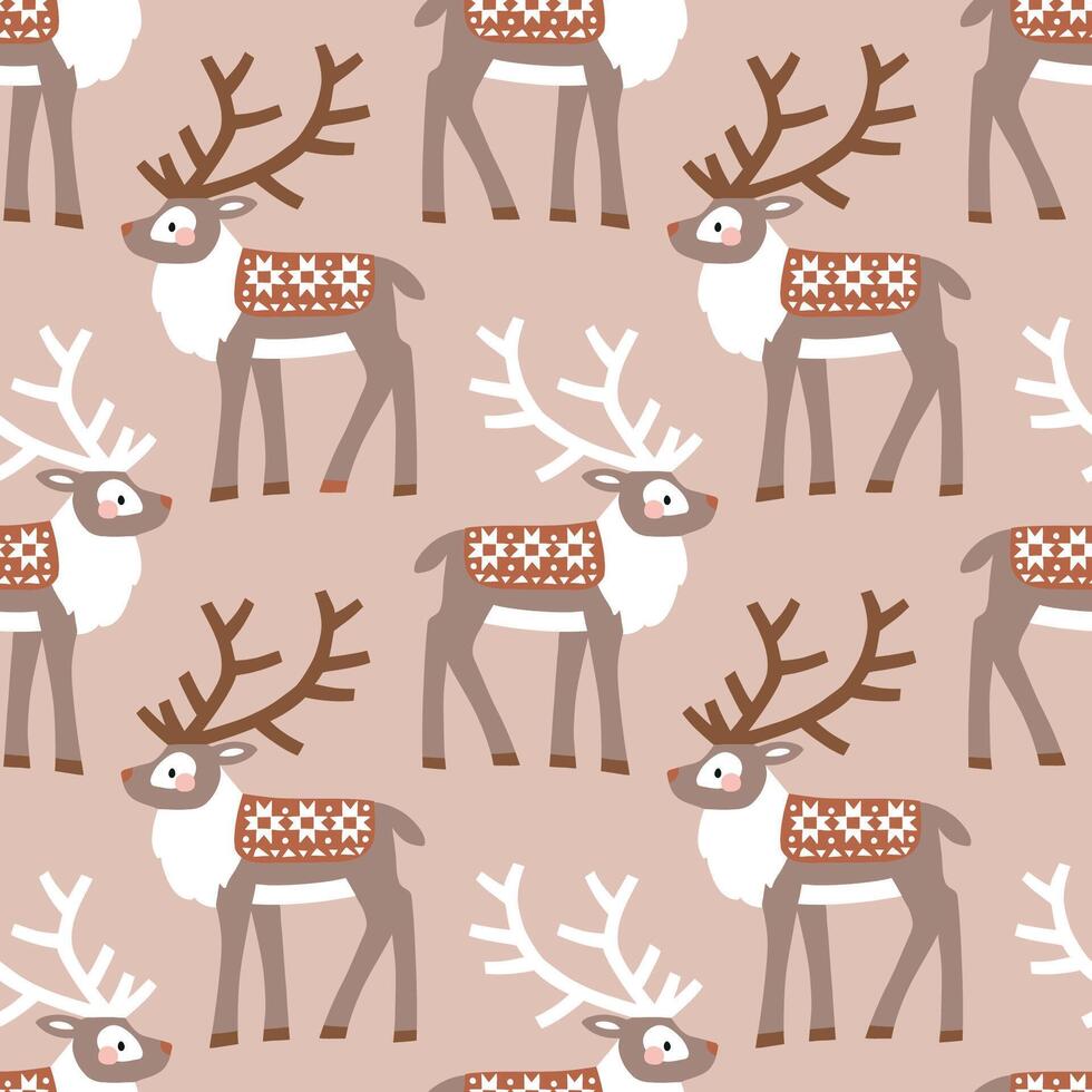 Cute reindeer in winter clothes. Hand drawn seamless pattern. Perfect for textile, wallpaper or nursery print design. vector