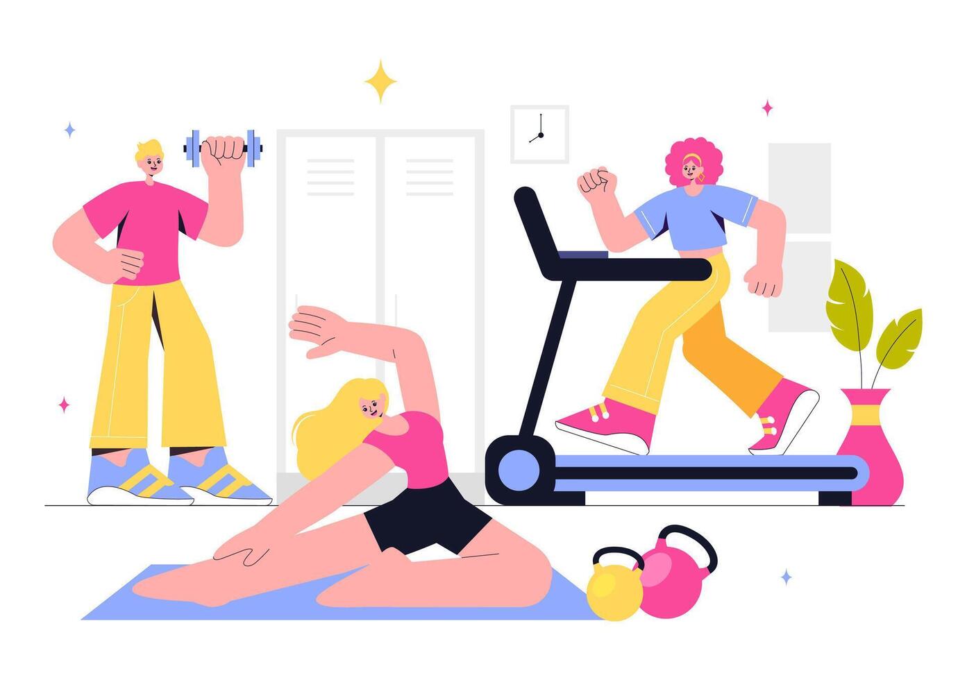 Exercise and Gym Illustration Highlighting Strength, Endurance, and Fitness in a Cartoon Background vector