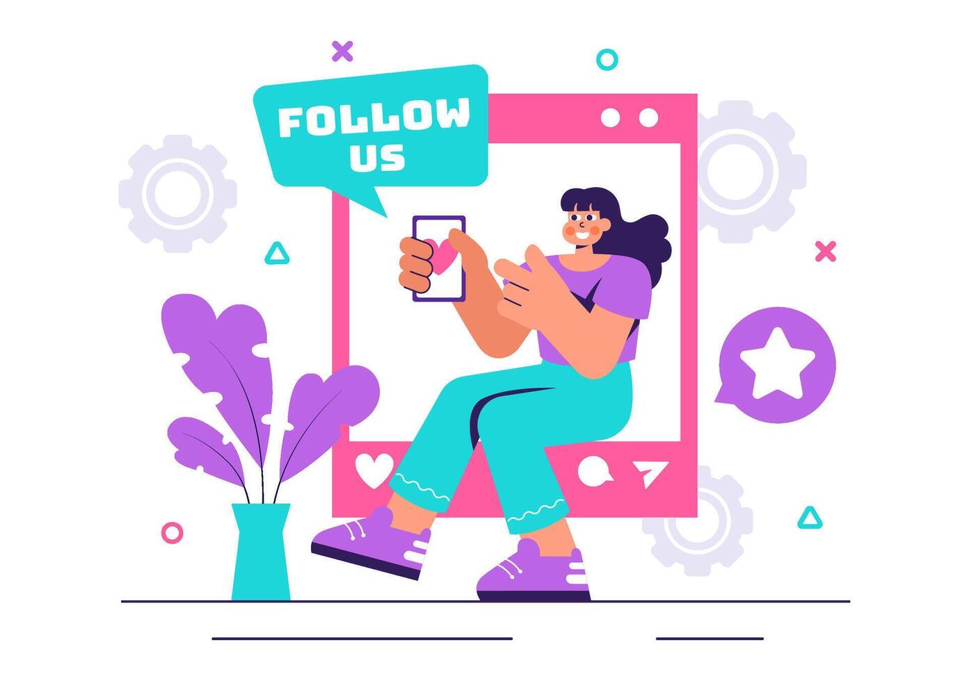 Flat Cartoon Illustration of Social Media Marketing with Follow, Like, and Share Icons vector