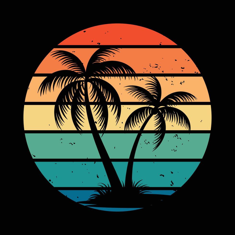 Tropical Palm Tree Silhouette with Vintage Sunset Gradient Background vector