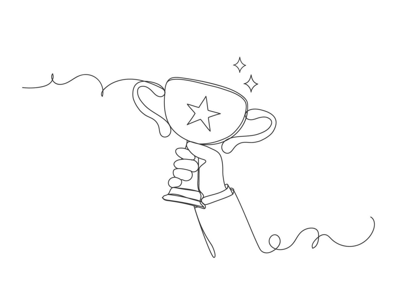 Continuous one line drawing of a hand holding a trophy isolated. vector
