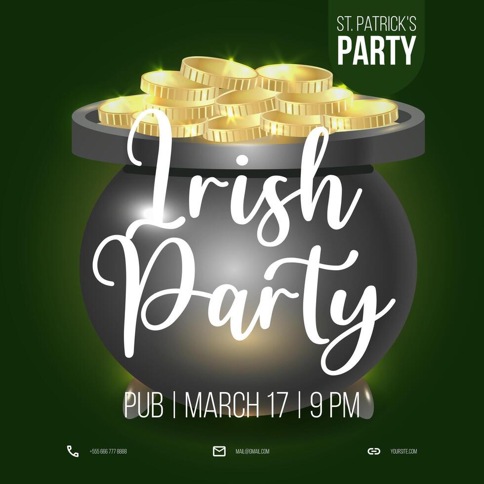 Irish party, St Patricks day invitation card with cauldron, golden coins. illustration on green background. Poster, flyer, banner concept vector