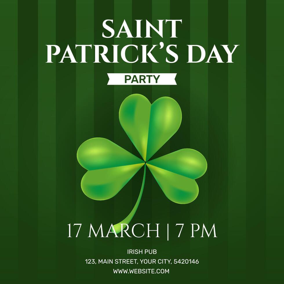 Saint Patricks day party invitation with leaf shamrock. illustration on green striped background. Poster, flyer, banner concept vector