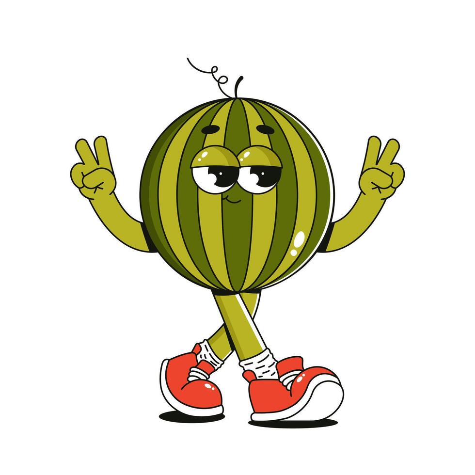 Funky groovy retro watermelon character. Comic mascot of walking fruit with happy smile face, hands and feet. Summer isolated illustration vector