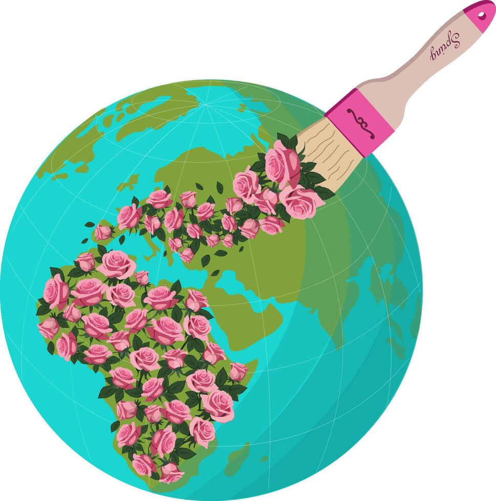 Illustration of earth with a brush with pink flowers painting the continents with roses vector