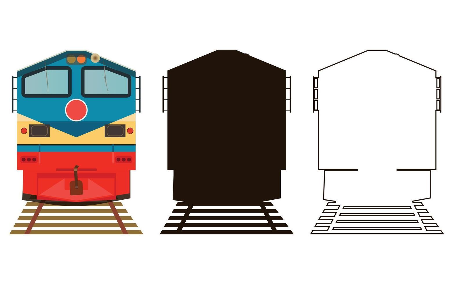 Train Locomotive Front View in line art, silhouette and colorful vector