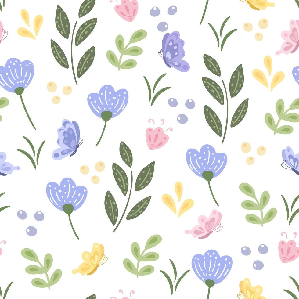 Seamless pattern of butterflies and flowers on a white background. vector