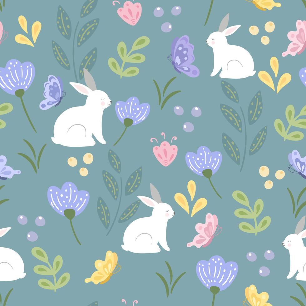 Seamless pattern of rabbit, butterflies and flowers. Happy easter print vector