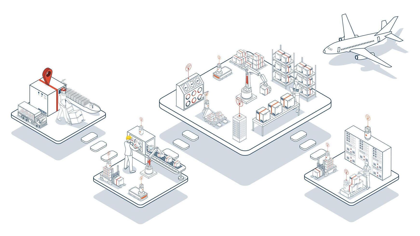 Smart logistics combines warehouse management with wireless technology and automated robots AGVs and AMRs for efficient material handling. vector