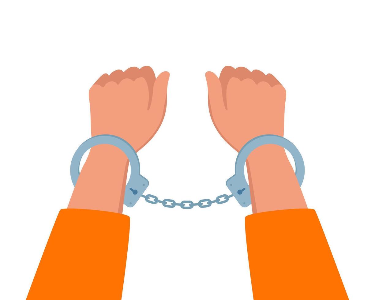Hands in handcuffs. Arrested man in a metal handcuffs. Concept of arrest. Crime, corruption. illustration. vector