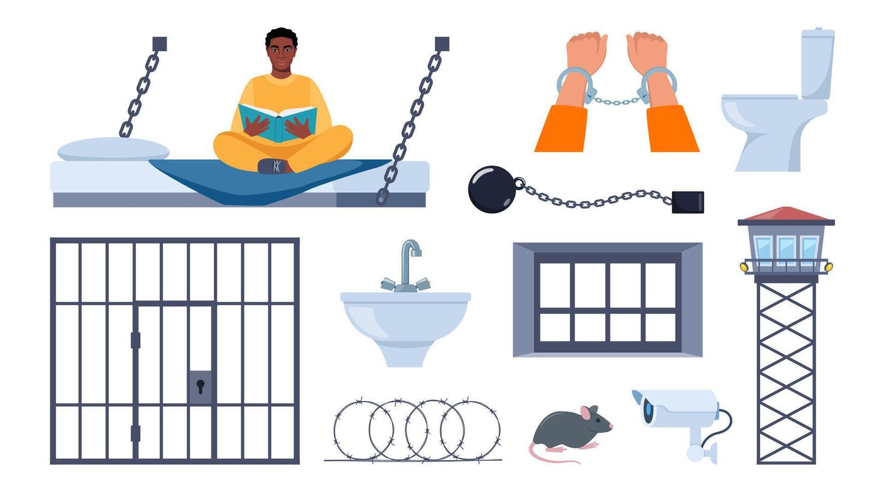 Prison element set. Observation tower, bed, prisoner man, window, prison bars, toilet bowl, sink, jail cell, rat, barbed wire, hands in handcuffs, security camera. Penitentiary system icons. . vector
