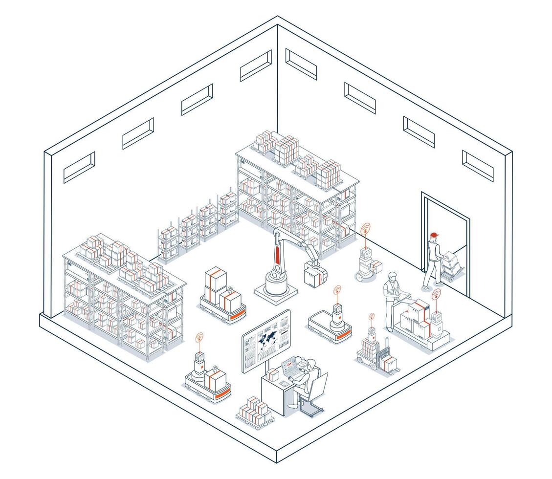 Automated Warehouse and Transport Operations using AGVs Automated Guided Vehicles vector