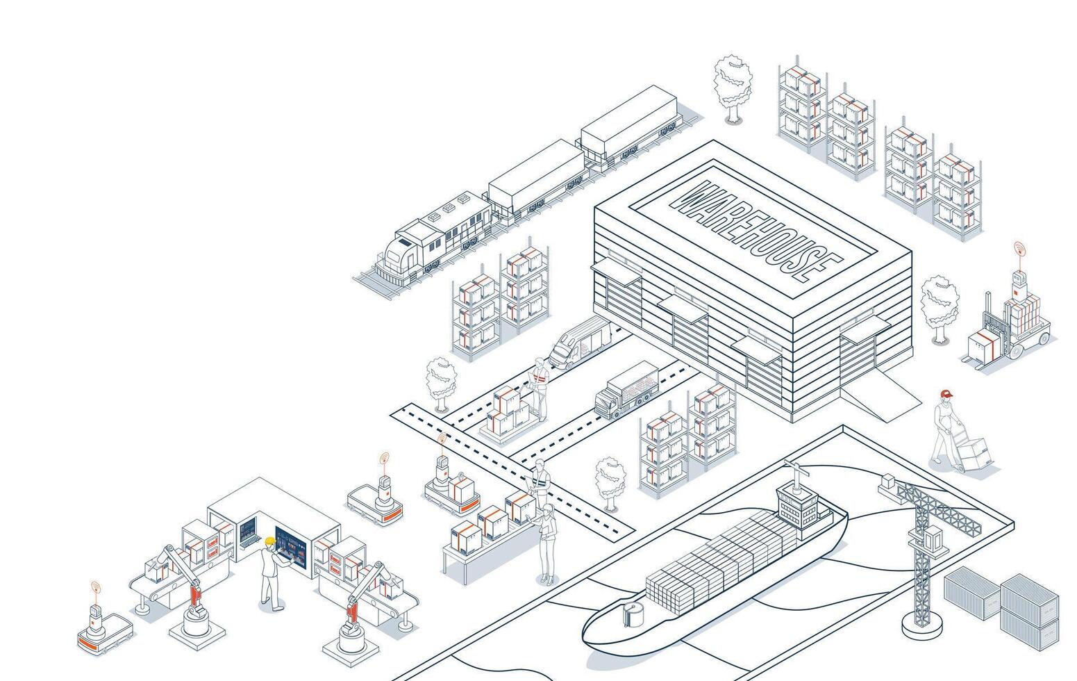 Smart warehouse automation with AGVs and AMRs, delivering global logistics solutions through integrated robotics and intelligent systems. vector