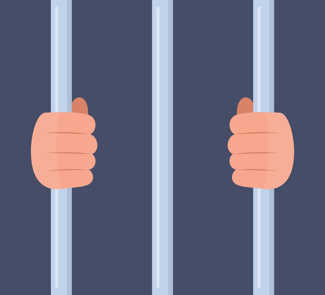 Hands on prison bars. Human in jail in handcuffs. Arms of male prisoner in handcuffs holding jail bars. Hands of criminal person serve sentence in prison. Arrested guilty man. . vector