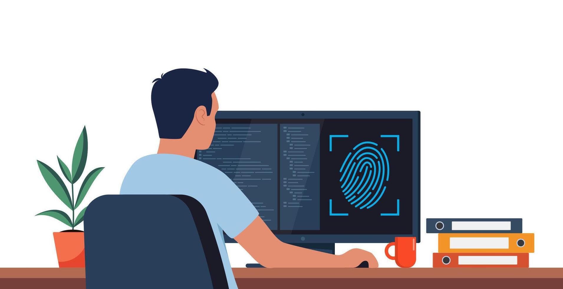Investigation department office. Police officer viewing suspect fingerprints on computer screen, analyze criminal case information. illustration. vector