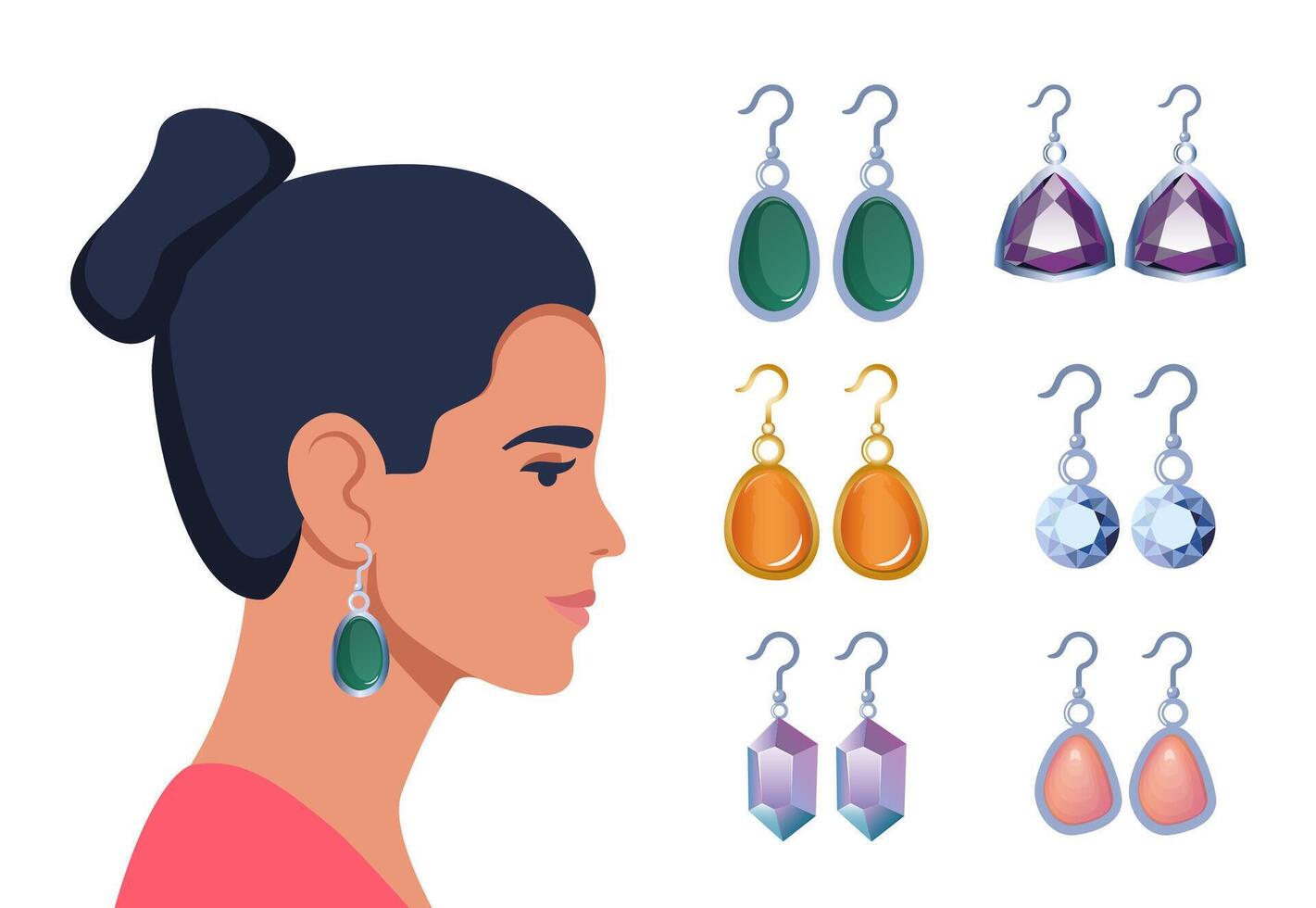 Women's jewelry earrings. Beautiful woman elegant lady side view portrait with Jewelry earring. illustration. vector