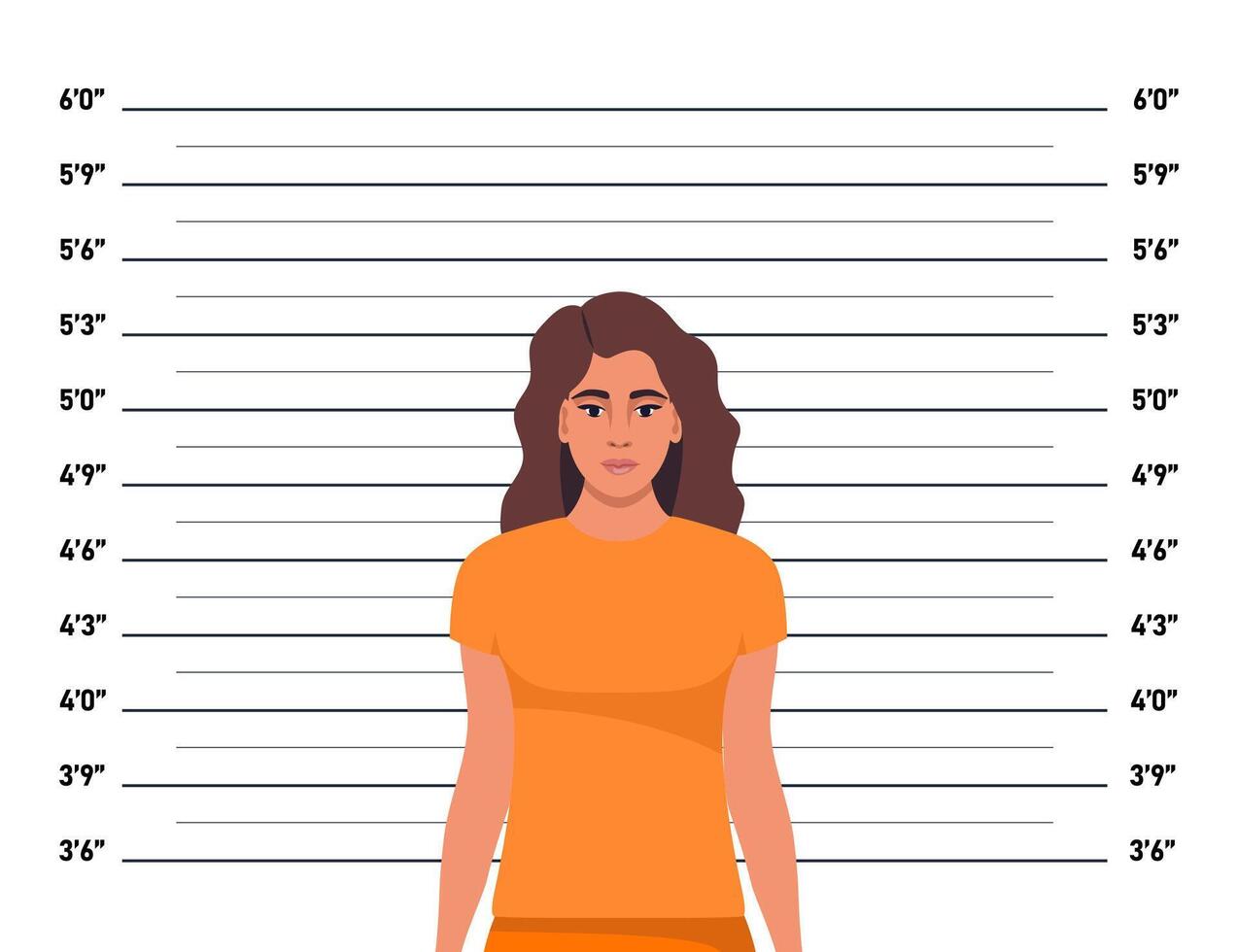 Criminal mugshot front view on measuring scale background. Prisoner woman in orange robe posing for identification photo. illustration. vector
