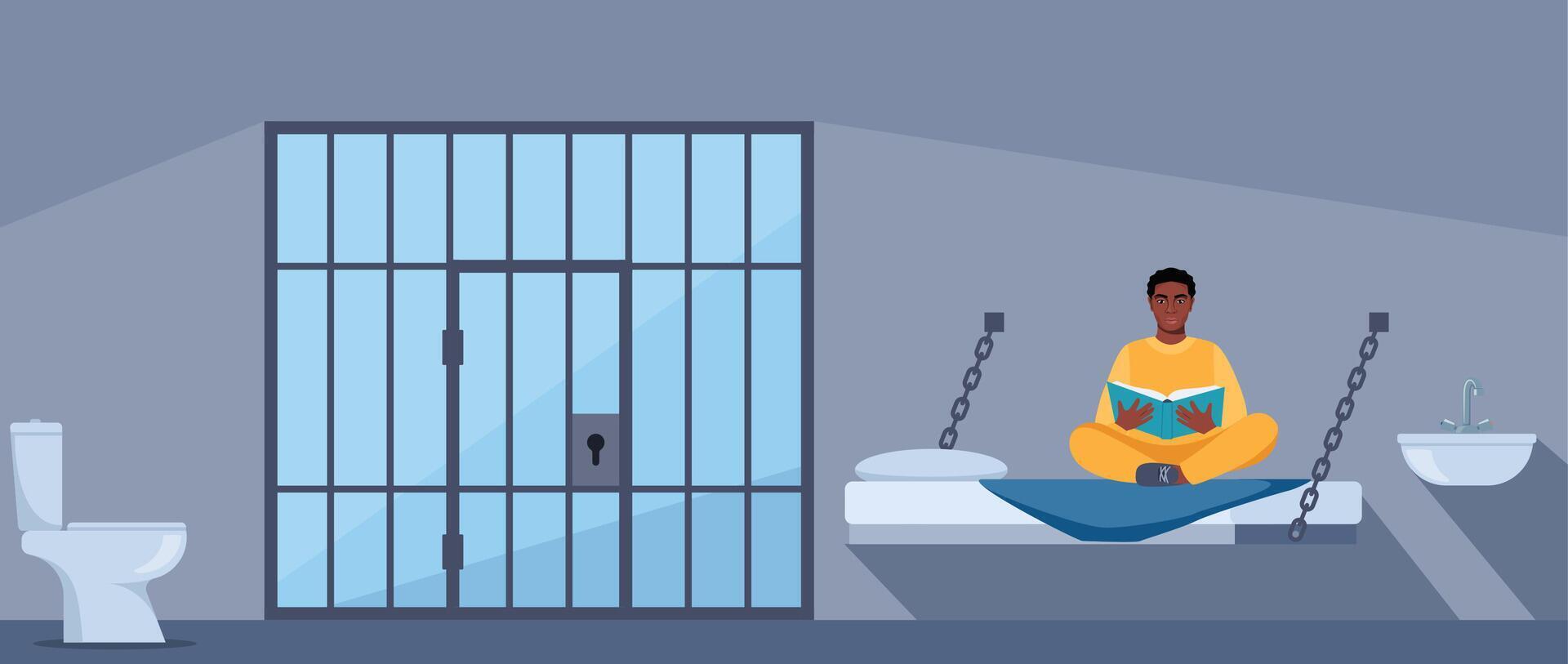 Black man in prisoners cell. Serving time for crime. Violation of law. Guy in orange uniform reading book. Jail interior. Convicted lawbreaker sitting on bed. illustration. vector