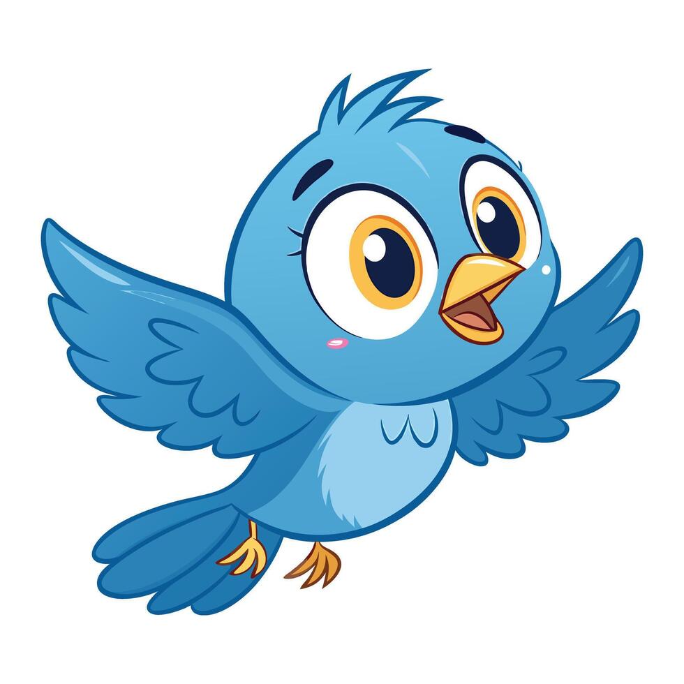 Cute blue cartoon bird with spread wings and big eyes. vector