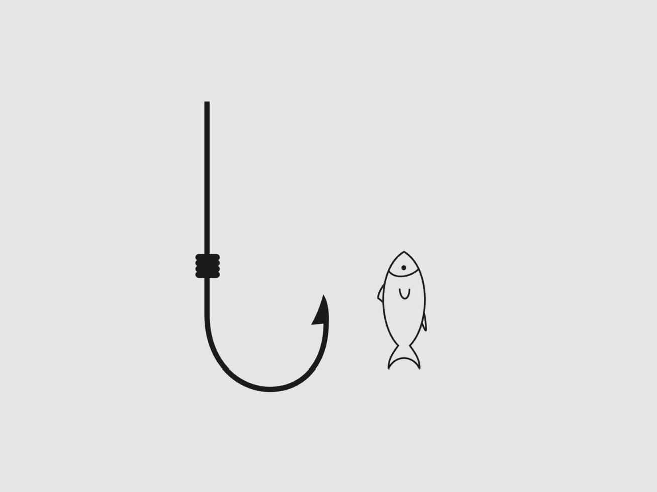 This is a flat illustration of a fishing hook with a fish vector
