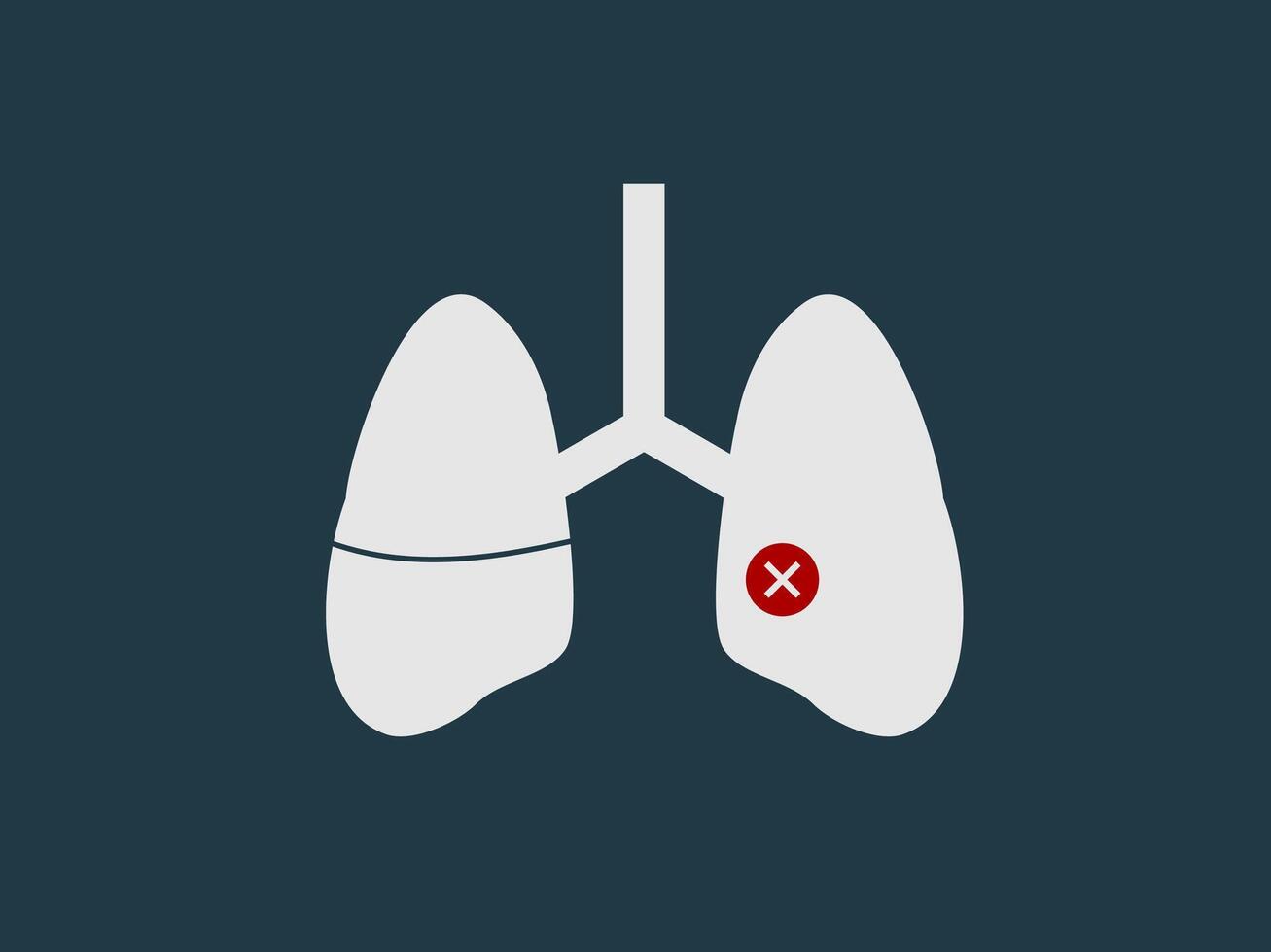 This is a flat illustration of a pair of lungs with a red X mark on the right lung vector