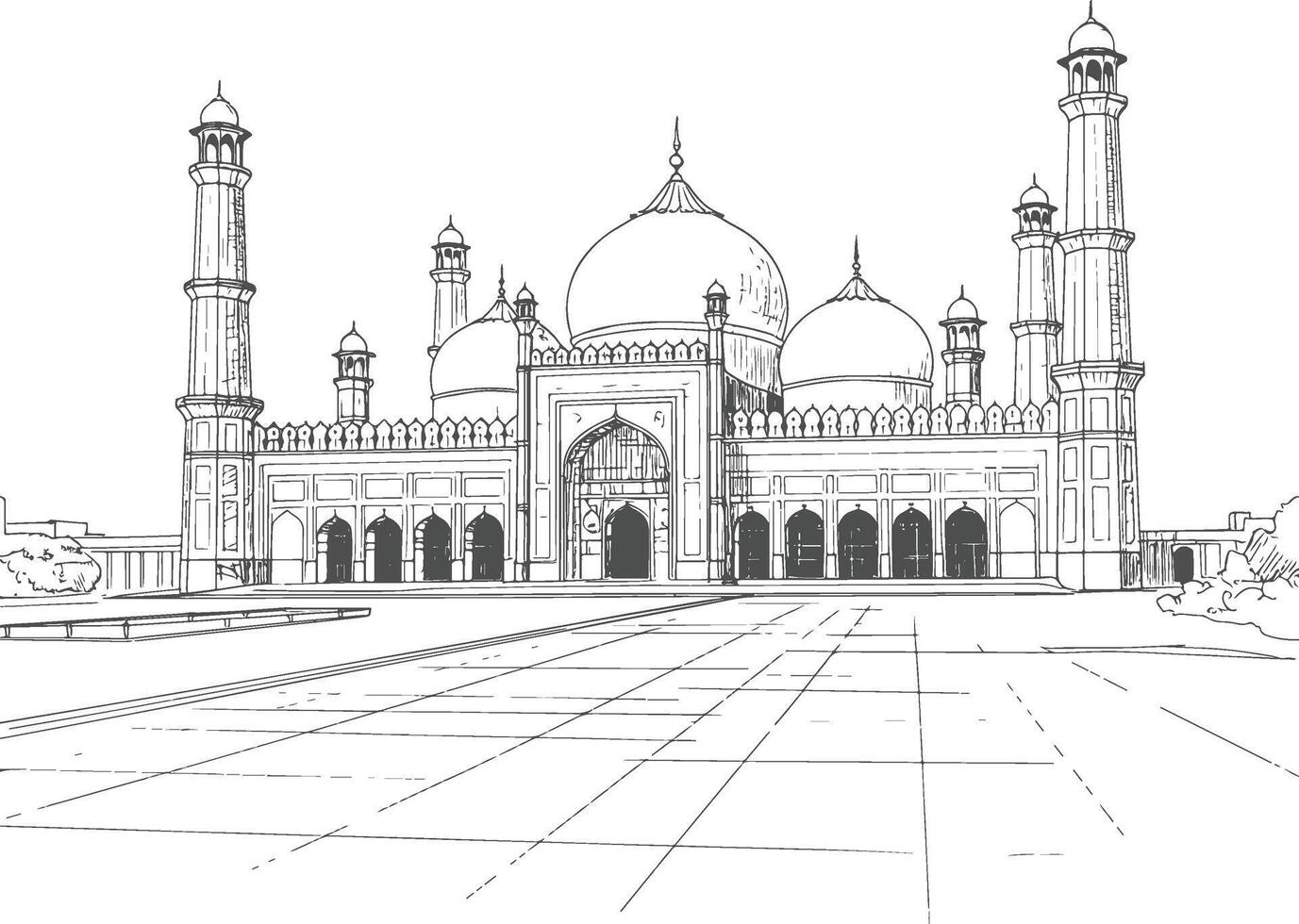 Intricate black and white line art illustration of the historic Badshahi Mosque in Lahore, Pakistan vector