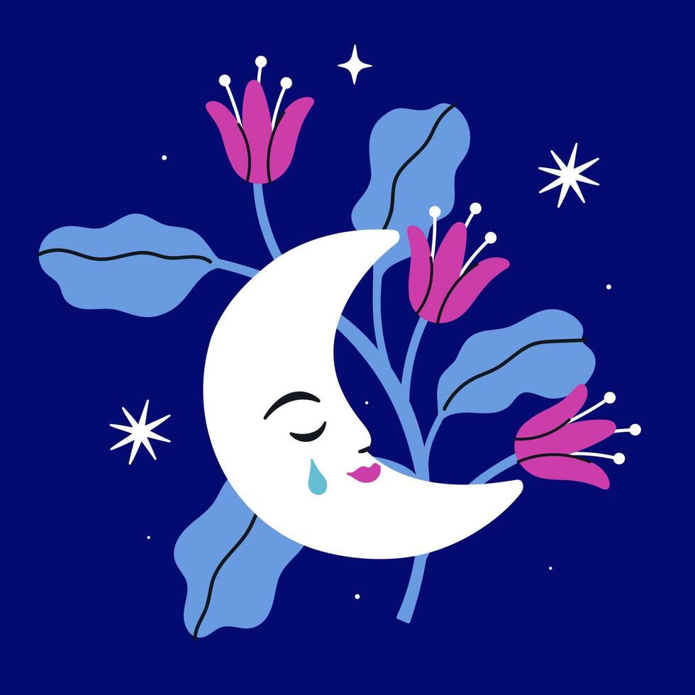 Crescent moon and flower on blue background. graphics. vector
