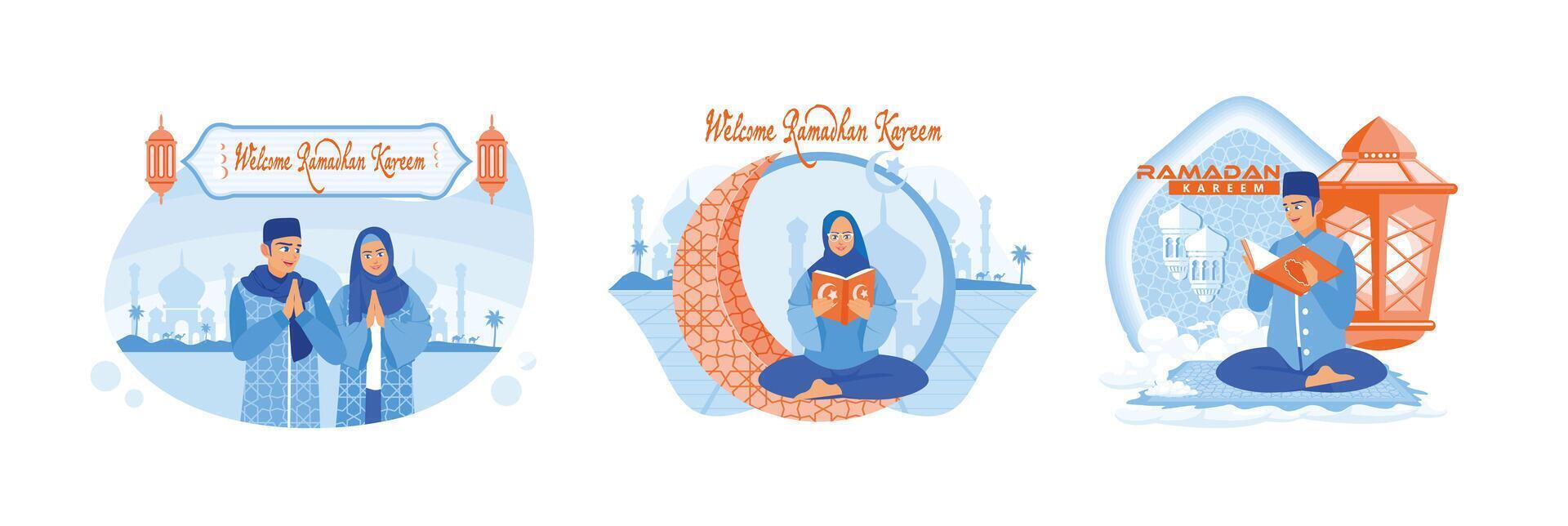 Muslims welcome the holy month of Ramadan by reading the Quran. vector