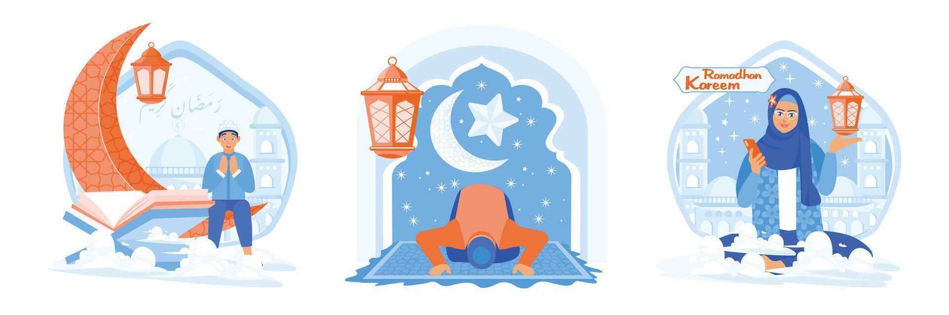 Muslims pray, read the Koran, pray, and maintain communication via cellphone. vector